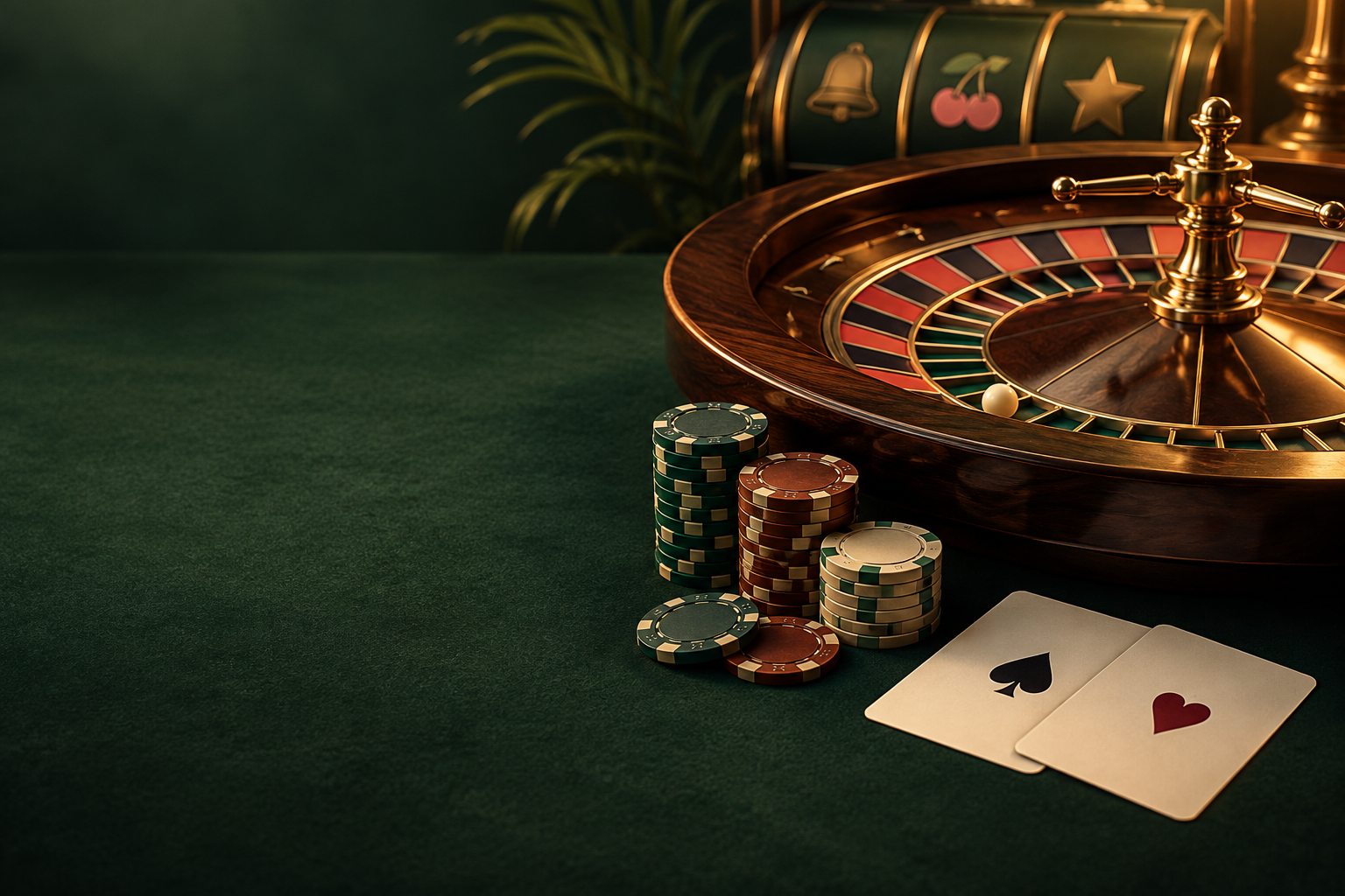 Meja roulette, keping, dan kartu dalam suasana kasino